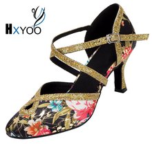 HXYOO Ballroom Dance Shoes Women Satin Soft Sole Flower With Black High heel 7.5cm Closed Toe Salsa Shoes Latin WK002 2024 - buy cheap