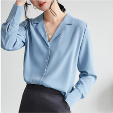 Blusa de chifón de trabajo de oficina para mujer de manga larga camisa de cuello entallado mujer azul blanco señoras Blusas Casual Tops alta calidad 2019 2024 - compra barato