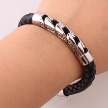 8mmNew Arrive Cool Unisex's Mens Silver Color Biker Jewelry Stainless Steel Black Genuine Leather Charm Bracelet Wristband 8.66" 2024 - buy cheap