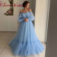 New Arrival 2020 Boat Neck Mesh Tulle Evening Dresses Custom made Long Balloon Sleeves A Line Pleat Blue Formal Evening Gown 2024 - buy cheap