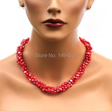 Wholesale Pearl Jewelry - 3 Rows Red And Bold Natural Freshwater Pearl Necklace Earrings- Handmade Jewelry Set - Free Shipping 2024 - buy cheap