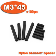 Pilares espaçadores m3 x 45mm, fio nozes hexagonal de nylon, plástico preto, com 100 peças 2024 - compre barato