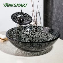 YANKSMART-lavabo de baño con pintura a mano, lavamanos de vidrio templado en blanco y negro + juego de grifería de bronce pulido con aceite en cascada 2024 - compra barato