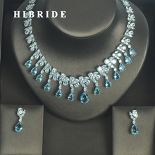 Hibride colar de zircônia cúbica aaa, conjuntos de joias femininas com forma de gota azul claro e europeu 2024 - compre barato