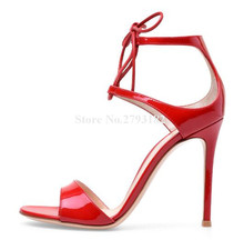 Sandalias de tacón de aguja de charol rojo para mujer, zapatos de vestir de Punta abierta, con cordones y tacón alto fino 2024 - compra barato