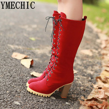 YMECHIC Womens High Heels Cross Tied Lace Up Mid Calf Knight Boots Red Black Flock Women Autumn Winter Shoes 2018 Botas 2024 - buy cheap
