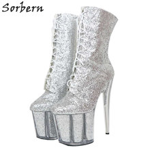 Sorbern Silver Glitter Ankle Boots For Women 20Cm Extreme High Heel Pole Dancer Shoes Custom Color Unisex Fetish Booties Heels 2024 - buy cheap