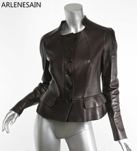 Arlenesain-Chaqueta con botones sin cuello para mujer, Peplum de cuero marrón, a la moda, personalizada, novedad de 2019 2024 - compra barato