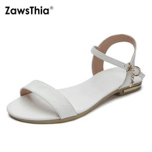 Zawsthia 2020 verão confortável feminino casual apartamentos sapatos de couro genuíno branco preto dedo do pé aberto sandálias femininas plus size 33-46 2024 - compre barato