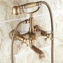 Dual Cross Handles Wall Mounted Antique Brass Bathroom Tub Faucet with Hand Held Shower Sprayer Ntf121 2024 - buy cheap