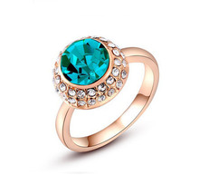 Cownine anel de pedra azul austríaco, presente dos namorados, joia da moda e dourada com rosas 2024 - compre barato