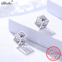 Blaike-pendientes de tuerca cuadrados geométricos para mujer, Plata de Ley 925 auténtica, diamante, cristal, piedra de nacimiento, blanco, joyería femenina 2024 - compra barato