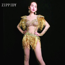 2019 Women Sexy Gold Crystal Dance Outfit Women Singer See Through Leotard Tassel Costume nightclub Celebrate Prom Bodysuit 2024 - buy cheap