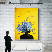 Póster moderno de moda para decoración del hogar, cuadros artísticos impresos en lienzo, pintura abstracta amarilla, chica, flor, mariposa, para pared 2024 - compra barato