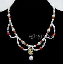 4-6mm White Round Natural Pearl and Red Coral & 10mm Moonstone Penadant 17" necklace-nec6429 wholesale/retail Free shipping 2024 - buy cheap