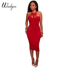 Wendywu Novelty Sexy Halter Sleeveless Solid Red Back Split Party Knee-Length Pencil Dress 2024 - buy cheap