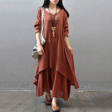 Plus Size Linen Fashion Women Dress Long Kaftan Stripe Long Sleeve Loose Maxi Dress Casual Women Vestido 2024 - buy cheap