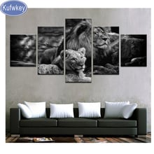 Bordado com miçangas preto e branco leão, pintura em diamante 5 peças, quebra-cabeça de mosaico em ponto cruz 5d, quadrado completo, animais, casa de decoração 2024 - compre barato