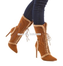 ALMUDENA Camel Color Suede Manmade Fur Patchwork Mid-calf Boots Pointed Toe Cross Lace-up Fall Winter Warm Boots Thin High Heels 2024 - buy cheap