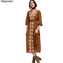 2017 Vintage style Bohemian embroidery long dress women's cotton linen Holiday Beach free style dress V-neck loose summer dress 2024 - buy cheap