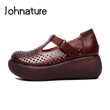 Johnature 2022 nova primavera/outono bombas de couro genuíno alto dedo do pé redondo retro casual hook & loop cunhas sapatos femininos 2024 - compre barato