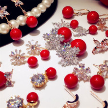 Brincos de prata para mulheres s925, joias finas, pérolas de água doce vermelha, zircônia cúbica, pedra de noiva, temperamento de casamento 2024 - compre barato