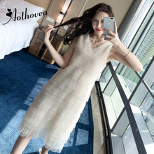 2019 Summer Solid Elegant Sexy Party Ladies Dresses Sleeveless V Neck Vacation Beach Dress Women Cascading Ruffles Dress Vestido 2024 - buy cheap