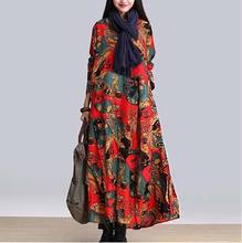 New arrival women nation style print linen dress long sleeve patchwork loose long dress big size dress plus size AE574 2024 - buy cheap