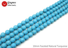 Qingmos натуральный 10 мм круглый граненый голубой бирюзовый бисер для изготовления ювелирных изделий ожерелье браслет серьги DIY 15 "нитей l808 2024 - купить недорого