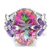 Hd anéis de prata com zircônia mística, grande cor de arco-íris multicolorido para mulheres anel de casamento joias estilosas presentes 2024 - compre barato