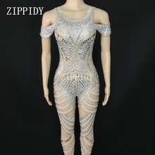 Sparkly Silver Rhinestones Mesh Jumpsuit See Through Birthday Celebrate Outfit Nightclub Party Dance Female Singer Show Clothes 2024 - buy cheap