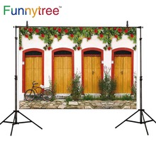 Funnytree-fondo fotográfico de puerta amarilla y blanca para exteriores, telón de fondo para estudio fotográfico con diseño de bicicleta y piedras 2024 - compra barato