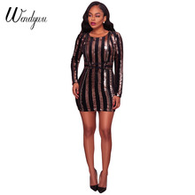 Wendywu Fashion Sexy Long Sleeve Waist Lace Up Gold Striped Sequined Club Bodycon Mini Dress 2024 - buy cheap