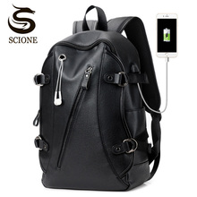 Mochila de couro impermeável masculina, bolsa grande para laptop com buraco para fone de ouvido, mochila de viagem para escola 2024 - compre barato