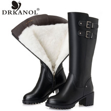 DRKANOL Winter Warm Wool Boots Women High Heel Knee High Boots Black Genuine Leather Waterproof Thick Heel Fur Women Boots H669 2024 - buy cheap