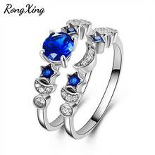 Dentixing estrela e lua azuis criativas, conjuntos de anéis para mulheres, com zircônia redonda, dourado e branco 2024 - compre barato