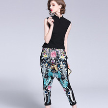 Womens two piece set new arrival Chinese style fashion runway black shirt top + embroidery floral Harem pants lady suit S-XXL 2024 - buy cheap