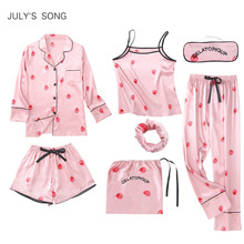 JULY'S SONG Women's 7 Pieces Pink Pajamas Sets Satin Silk Strawberry Pajamas For Women Sleepwear Sets Spring Autumn Nightwear 2024 - buy cheap