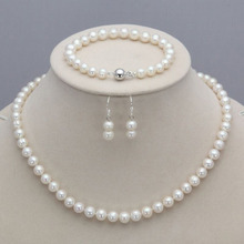 Hot selling free shipping*****White 7-8mm Real Natural Freshwater Pearl Necklace 23" Bracelet 8.5" Earring Set 2024 - buy cheap