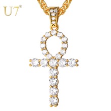 Pingente de cruz religioso u7 p1201, corrente dourada com pedras cz, pingente egípcio, bijuteria para mulheres e homens 2024 - compre barato