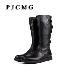PJCMG New High Quality Winter Vintage High Western Genuine Leather Boots Men Black Motorcycle Winter Boots For Men 2024 - buy cheap