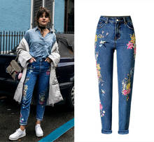 Top Quality 3D Dimensional Embroidery Jeans Women High Waist Straight Vintage Pantalon Femme Europe Cuffs Blue Trousers Feminina 2024 - buy cheap