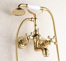 Bañera o ducha de baño de latón dorado pulido, doble manija cruzada, lluvia, juego de grifería + estilo de teléfono, ducha de mano, atf082 2024 - compra barato