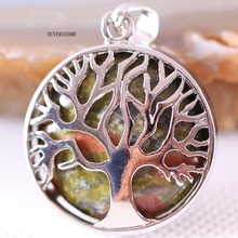 Silver Color Tree of life Round Necklace Pendant 25MM Natural Stone Green Unakite Epidote 1Pcs K417 2024 - buy cheap