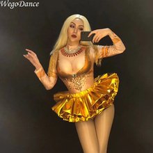 new Women Stage Wear Singer Dancer Bling singer Costumes Sexy Gold Short Skirt Sparkling Crystals Bodysuit Nightclub Party 2024 - buy cheap