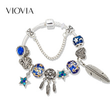 VIOVIA-pulsera atrapasueños para mujer, brazalete con dije de pluma, atrapasueños, color plateado, cristal azul, joyería, B19030 2024 - compra barato