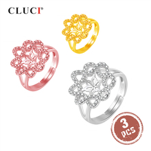 CLUCI 3pcs Silver 925 Ring Women Jewelry Pearl Ring Mounting 925 Sterling Silver Adjustable Open Ring Flower Ring SR2143SB 2024 - buy cheap