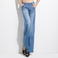 Free shipping Women Summer Thin Fabric Wide Leg Jeans plus size girl's loose Denim Flare Pants Boot Cut Long Trousers 2024 - buy cheap