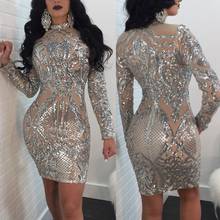 2018 new arrival Women Mesh dress Sequined Vestidos Sexy Turtleneck High Quality long sleeve Party Dress wholesale 2024 - buy cheap