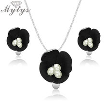 Mytys Women Trendy Fashion Black Flower Jewelry Sets White Pearls Stamen Shining Silver Chain Pendant Necklace Earrings CN444 2024 - buy cheap